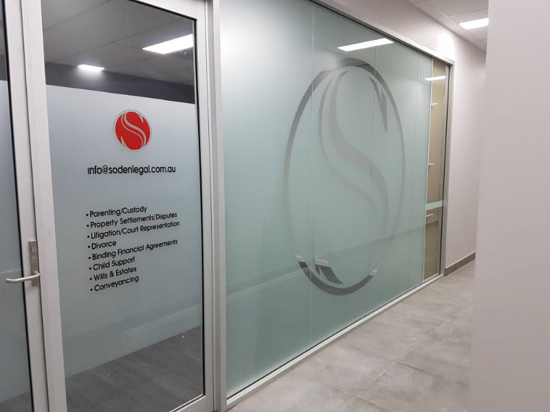 Frosted graphics on office windows for Soden Legal company.